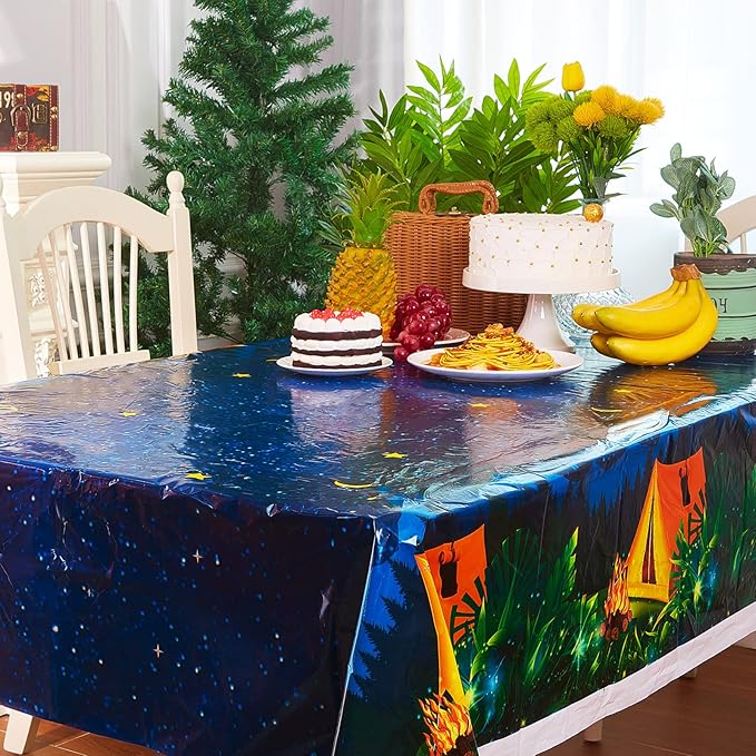 Chinco 3 Pieces Camping Tablecloth Campfire Camp Party Decorations Waterproof Plastic Rectangular Table Cover for Picnic Hiking Adventure Birthday Party Supplies