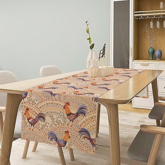 Cute Roosters Table Runner, Boho Rustic Cock Chicken Vintage Arch Floral Plants Print Table Cover for Holiday Kitchen Dining Table Indoor Outdoor Home Party Decor, 13x90inch