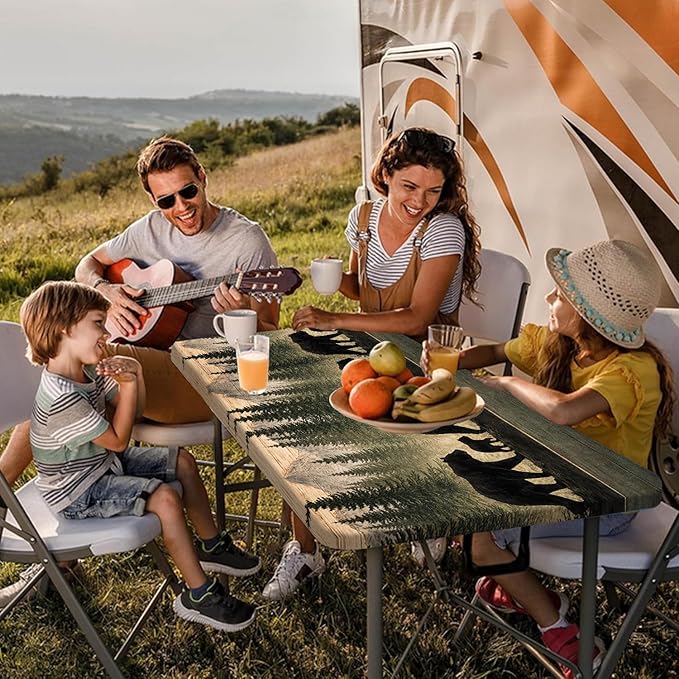 Picnic Table Cover with Bench Covers and Bag, Forest Mountain Bear Wooden Waterproof Windproof, Fitted Tablecloth Cover with Elastic Edge, for Indoor & Outdoor, Garden, Camping, 3 PCS 30x60 Inch