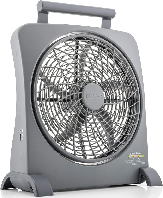 O2COOL Treva 10 inch Rechargeable Portable Fan Smart Power Air Circulator. Plug-In AC Adapter and Battery Powered, USB Charging Port, For Camping Travel and Indoors Use