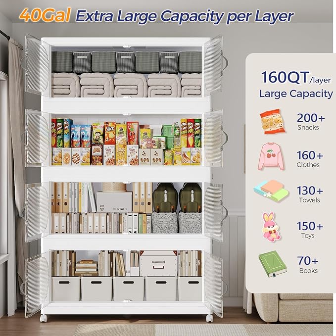 40Gal/120QT 3-Tiers Extra Large Stackable Storage Bins with Lid, Collapsible Cabinet Closet Organizer Plastic Container Box with Wheels Doors Drawers for Living Room Kitchen Office, White