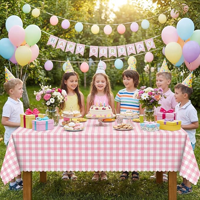 NatNarr 3 Pack Pink Gingham Tablecloths, 54 X 108Inch Scalloped Pink and White Checkered Table Cloth, Disposable Party Table Covers for Wedding Picnic Birthday Baby Bridal Shower Anniversay