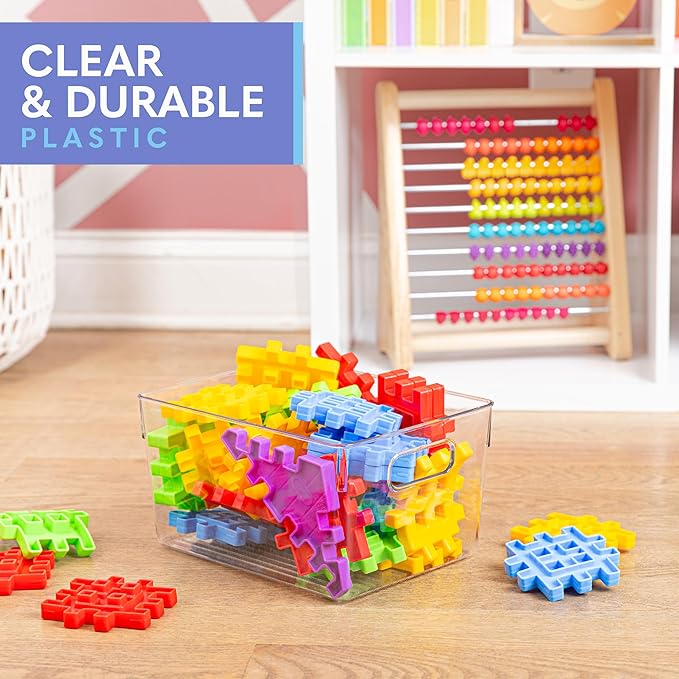 Plastic Food Storage 4 Pack Clear Container Bin with Handles for Organizing Kitchen, Pantry, Refrigerator, Freezer, Pantry, Cabinet, Closet, Bathroom. 10”x7.5”x5.3”