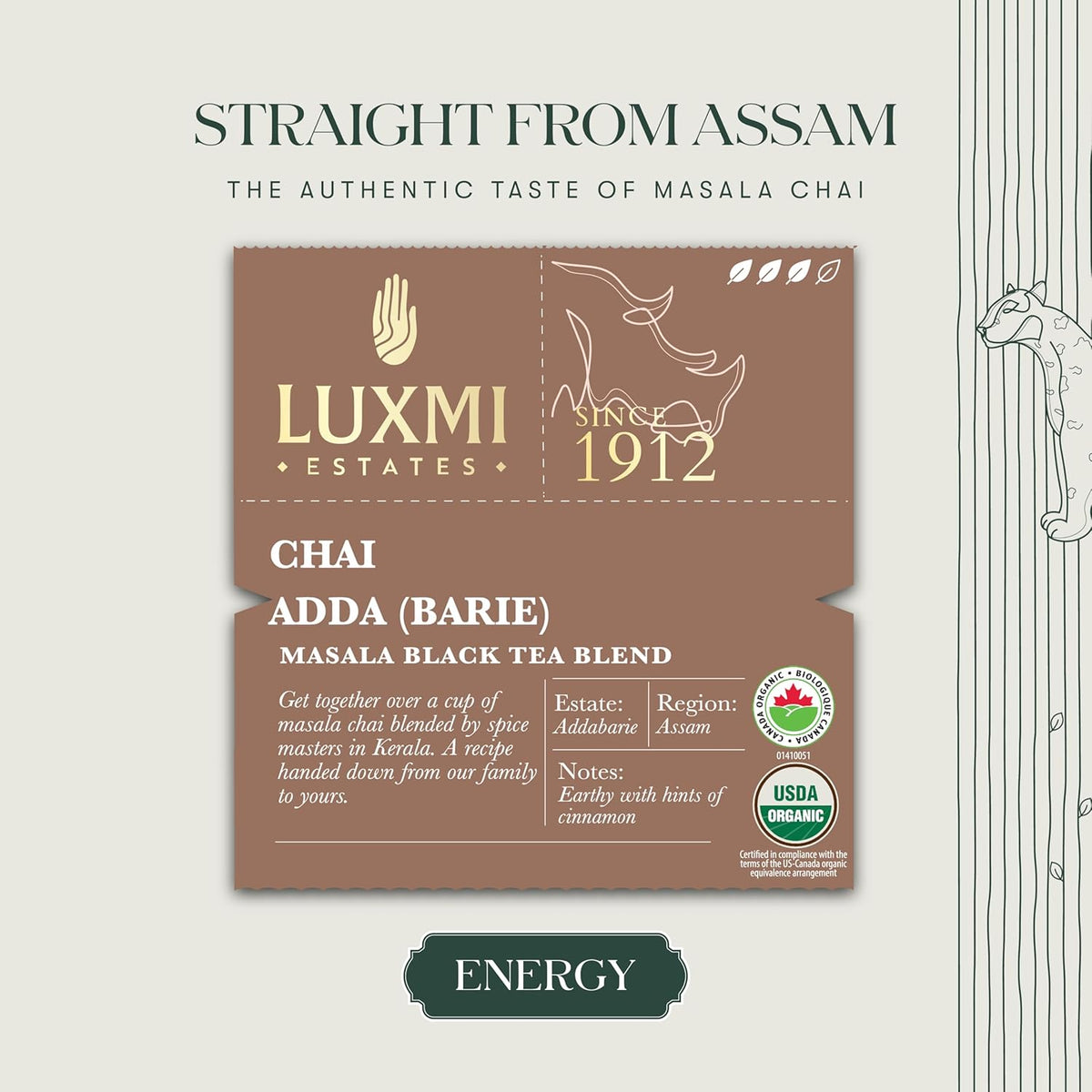 Luxmi Estates Chai Adda-Bari 100gm Tin, Masala Chai, Certified Organic Black Tea