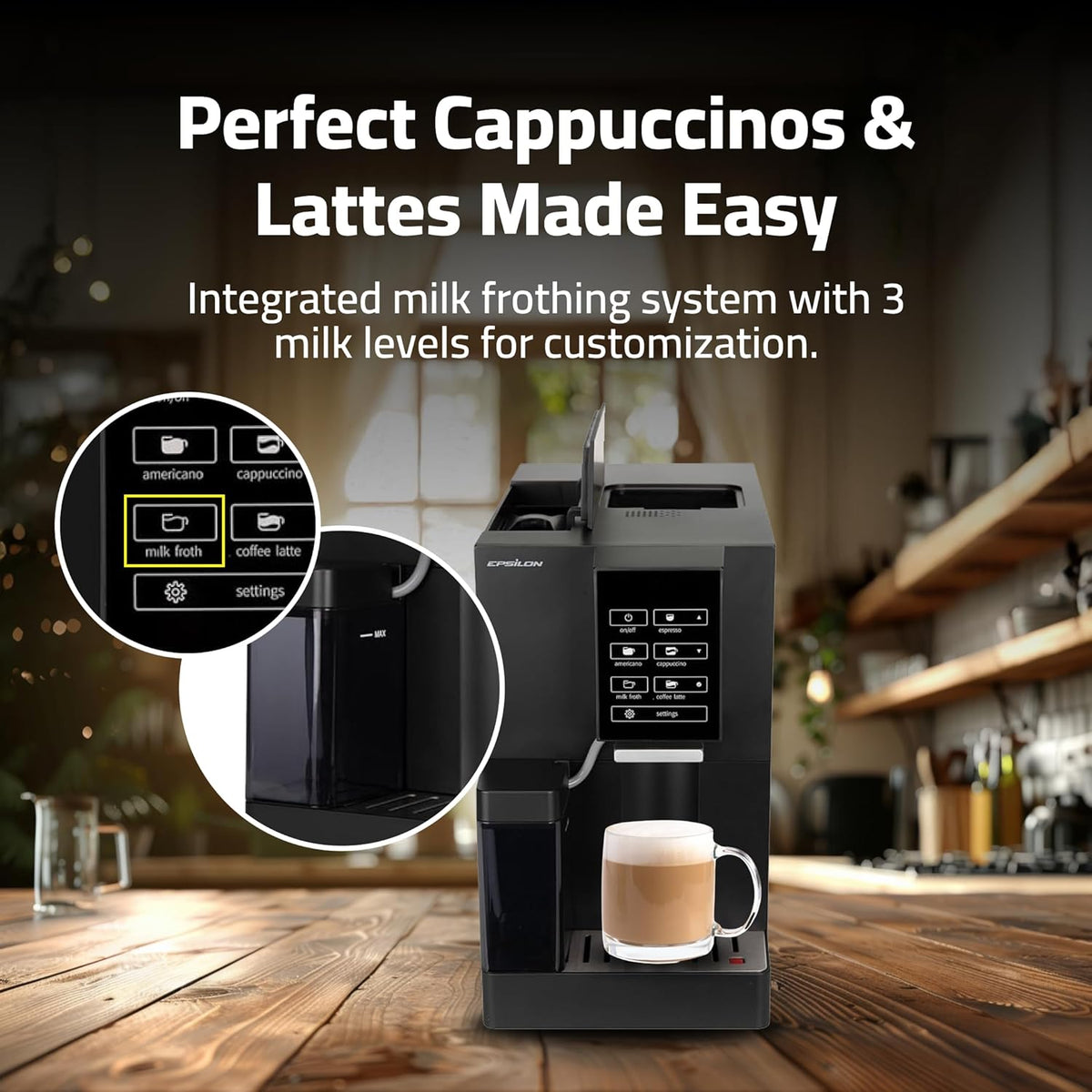 Epsilon Fully Automatic Coffee Machine with Grinder, Coffee & Espresso Maker Combo, Built-In Milk Frother, One Touch Self Cleaning
