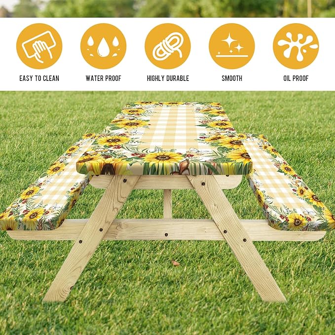Sunflower Picnic Table Cover with Bench Covers, Yellow Buffalo Plaid Summer Floral Farmhouse Waterproof Tablecloth for Camping Indoor Outdoor Party Decorations, 30X72in