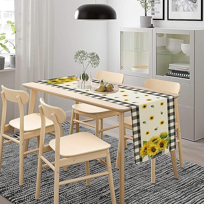 Morden Sunflower Table Runner,White Black Buffalo Plaid Watercolor Summer Flower Plants Leaves Print Table Runner for Kitchen Dining Table Holiday Home Party Decor 13x90in