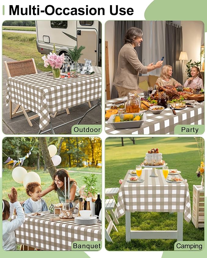 Smiry 12 Packs Gingham Disposable Table Cloth, 54 x 108 Inch Waterproof Plastic Tablecloth, Rectangle Khaki and White Checkered Table Covers for Outdoor, Birthday, Party