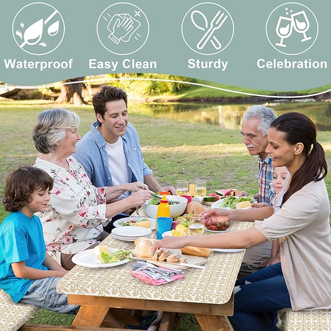 misaya Picnic Table Cover with Bench Cover, Waterproof Elastic Fitted Tablecloth for 5 Foot Tables, Rectangle Washable Polyester Tablecloths for Picnic, Camping, Outdoor (Khaki, 30" x 60")