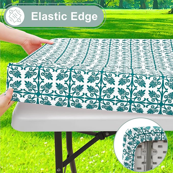 misaya Picnic Table Cover with Bench Cover, Waterproof Elastic Fitted Tablecloth for 5 Foot Tables, Rectangle Washable Polyester Tablecloths for Picnic, Camping, Outdoor (Turquoise, 30" x 60")