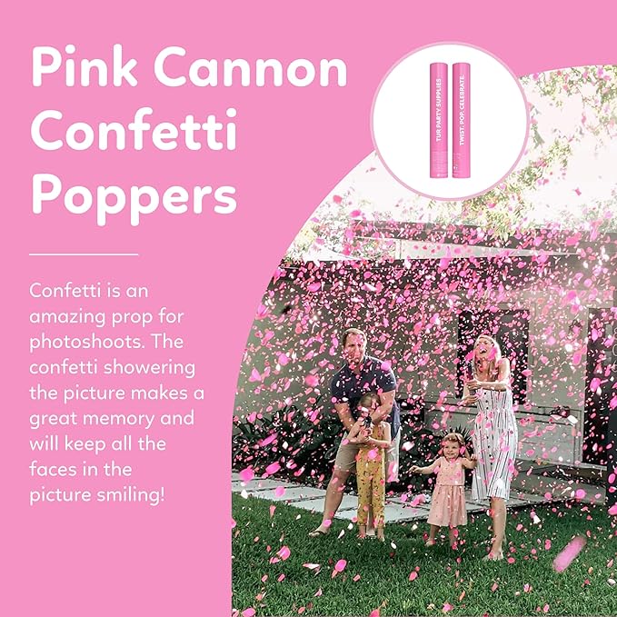 Pink Confetti Cannon Poppers | 2 Pack | Biodegradable Pink Confetti | TUR Party Supplies | Up to 25ft | Giant (12”) | Party Poppers for Graduation, Birthdays, and Bachelorette & Princess Parties