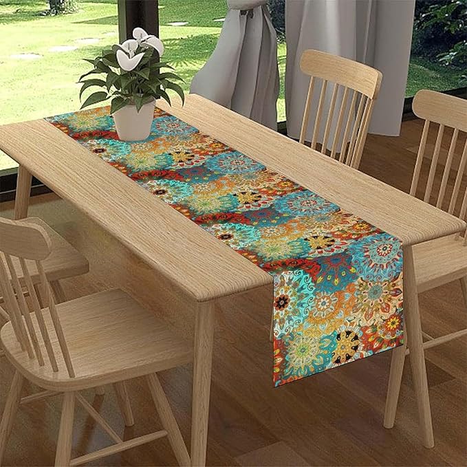 Bohemian Mandala Table Runner, Vintage Colorful Boho Geometric Floral Flower Antique Paisley Rustic Coffee Table Center Decor for Family Kitchen and Living Room Outdoor Table Decorations, 13"x108"