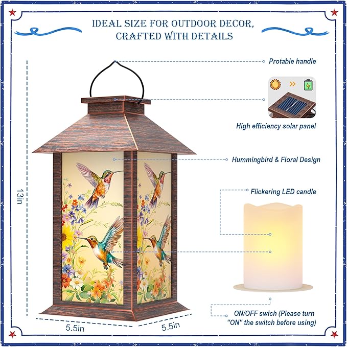 Hummingbird Solar Lanterns Outdoor Waterproof, Decorative Solar Lantern with Flickering LED Candle, 13 Inch Hanging Garden Lanterns for Patio Porch Yard Decor, Gifts for Women Mom Grandma, 1 Pack