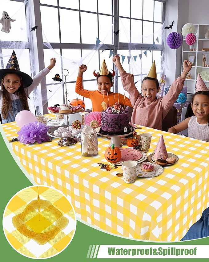 Smiry 8 Packs Gingham Disposable Table Cloth, 54 x 108 Inch Waterproof Plastic Tablecloth, Rectangle Yellow and White Checkered Table Covers for Picnic, Birthday, Party