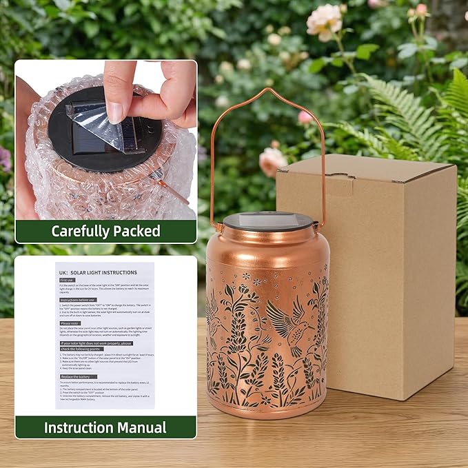 Solar Lantern Outdoor Waterproof, Gifts for Women Mom Grandma, Hanging Metal Light Hummingbird Garden Decor for Yard Patio Lawn