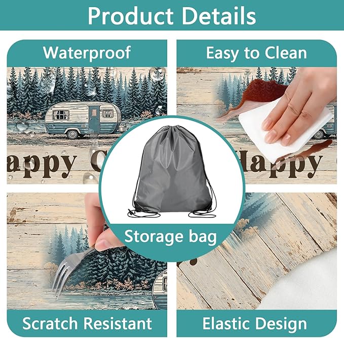 JAWO Happy Camper Picnic Table Cover - Fitted Tablecloth with Elastic Edge,Camping Design for Outdoor Camping, BBQ Decor, 96x30 Inch
