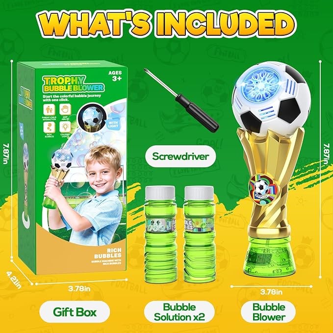 Bubble Machine - Bubble Wand for Kids Ages 3+, Light up Bubble Wand with 2 Bubble Solutions, Soccer Bubble Blower for Toddlers, Outdoor Bubble Toys for Boys, Birthday Gifts for Boys & Girls