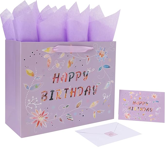 Qirrmiy 13'' Large Happy Birthday Gift Bag Set with Handles, Greeting Card, Purple Tissue Papers and Stickers for Women Girls, Purple Floral Design, 1 Pcs