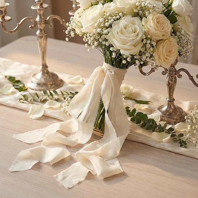 Handmade Chiffon Ribbon 1.5 Inch Wide, 3 Rolls 21 Yards, Soft Frayed Edge Ribbon for Wedding Invitations, Bouquets, Gift Wrapping & Craft Decor (Cream White)
