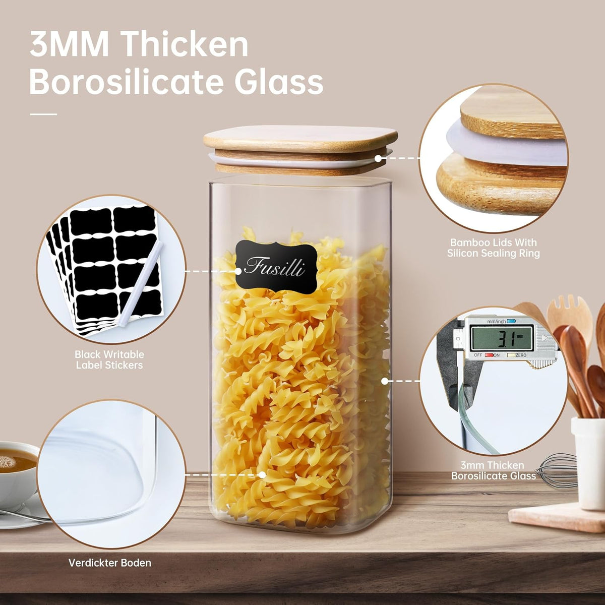 Multi Size - 5 Pack Square Glass Jars with Bamboo Lids, Glass Food Storage Containers with Airtight Lids for Kitchen