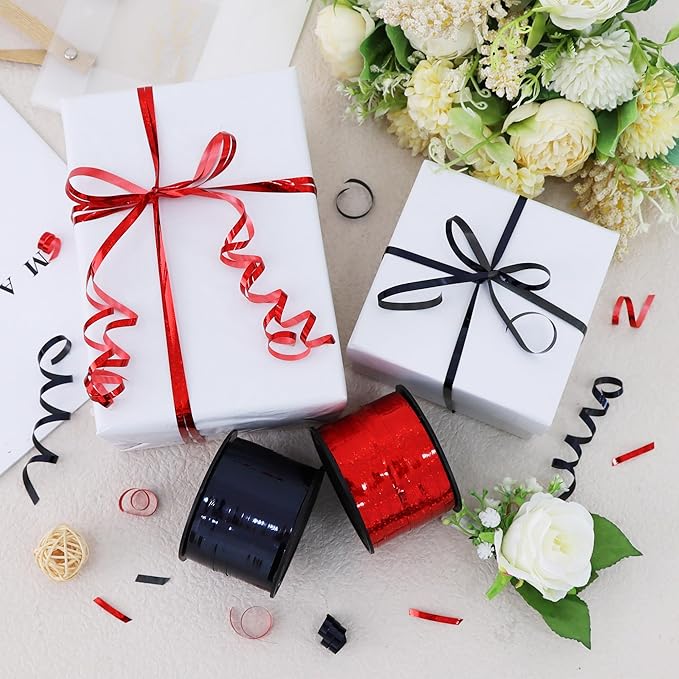 BEISHIDA 2 Pack 100 Yards Red Black Curling Crimped Glitter Ribbon Balloon String Shiny Metallic for Gift Wrapping Ribbon 2026 Graduation New Year Eve Halloween Birthday Party Decor