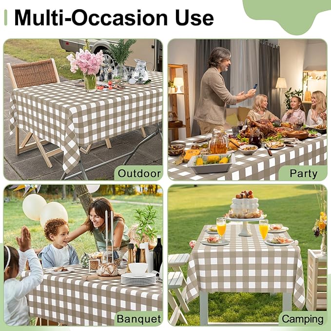 Smiry 10 Pack Khaki Gingham Disposable Tablecloths - 54" x 108" Heavy Duty Plastic Table Cloth, Waterproof Buffalo Plaid Table Covers for Picnic, Banquets, Outdoor Parties