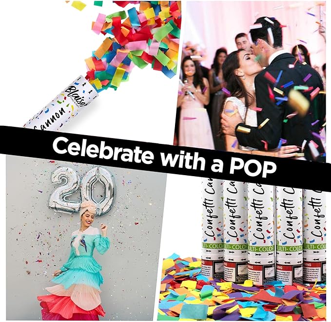 Blaise Pyro & Party Multi-Colored Confetti Poppers - Easy to Use Paper Confetti Poppers for Weddings, Birthdays, Anniversaries & More - Colorful Confetti Cannon for Memorable Photos - 2 Pack, 12 Inch