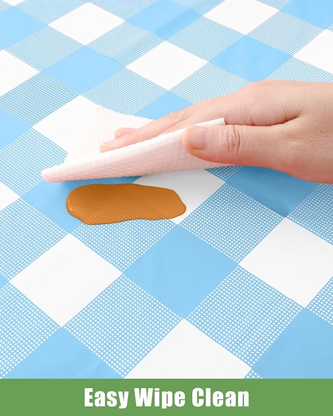 Smiry 8 Packs Gingham Disposable Table Cloth, 54 x 108 Inch Waterproof Plastic Tablecloth, Rectangle Baby Blue and White Checkered Table Covers for Picnic, Birthday, Party