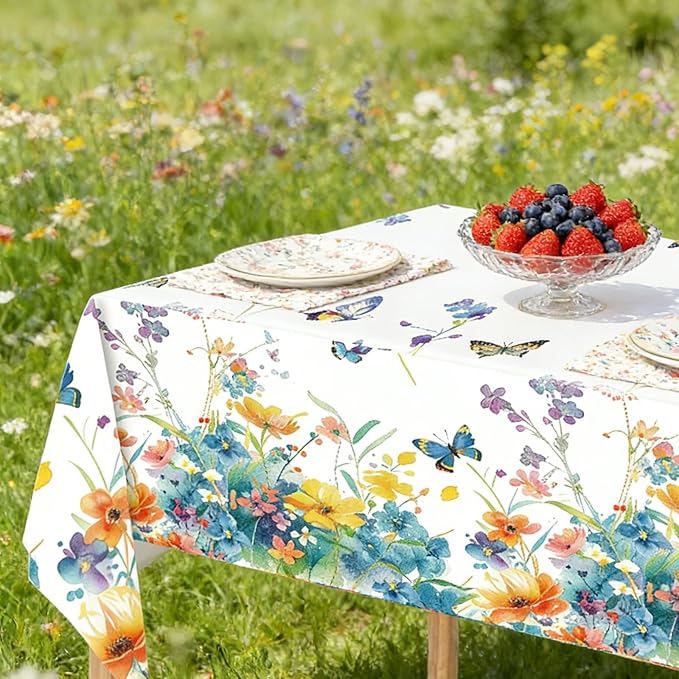 2 Pack Wildflower Tablecloth Party Decorations, 54 X 108Inch Floral Tablecloths Disposable Plastic Table cover Butterfly Wildflower Porcelain Table Decor for Birthday Garden Wedding Tea Party Supplies
