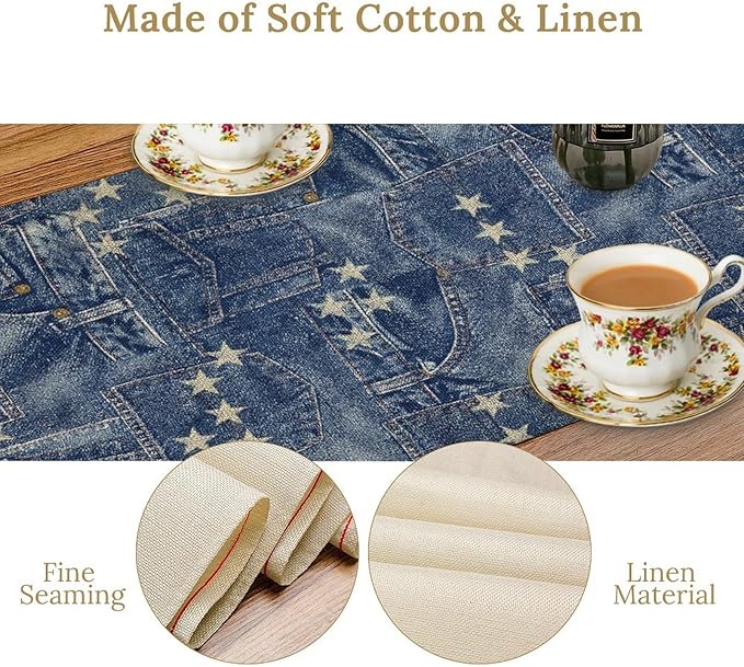 Patchwork Table Runner, Vintage Romance Jeans Pentagram Splicing Print Table Runner for Kitchen Dining Picnic Coffee Home 13x120in