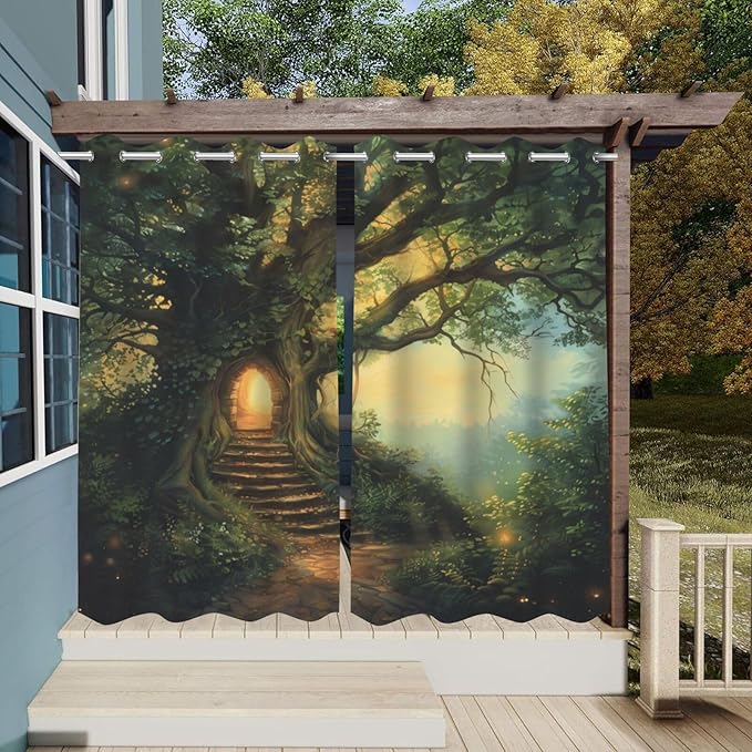 Fantasy Theme Waterproof Indoor/Outdoor Curtains,Forest Pattern,UV and Fade Resistant Outside Curtains for Gazebo, Front Porch, Pergola,2 Panel,54 x 96 inch,Green
