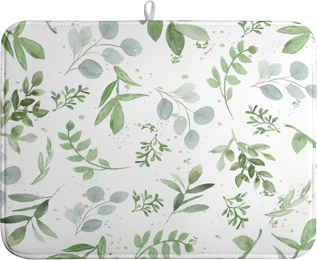 Summer Sage Green Leaves Dish Drying Mat Spring Eucalyptus Leaf Kitchen Dish Drying Pad Absorbent Dish Dryer Mat for Kitchen Countertops Microfiber Dishes Drainer Pad Dish Drying Rack Mat (18x24 in)
