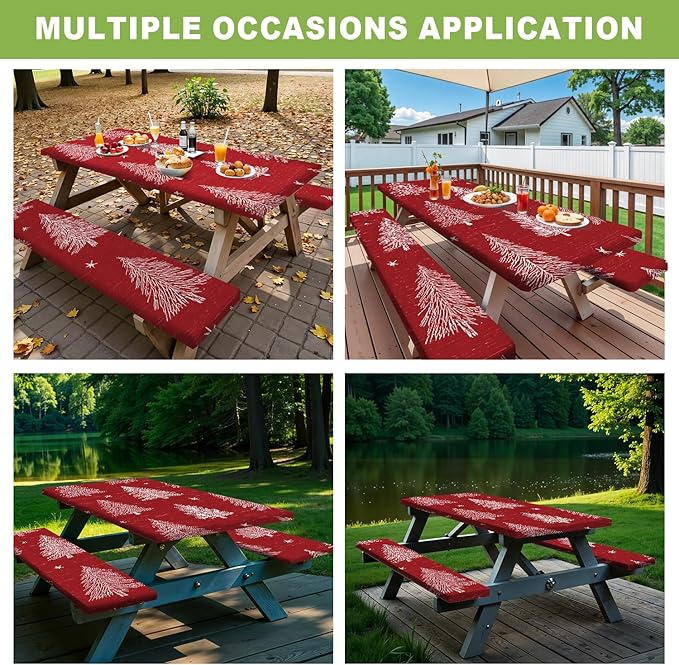 ANNA QUEEN 6FT Red Christmas Tree Picnic Table Cover Set 3PCS 72"x30", Waterproof Outdoor Bench and Tablecloth Furniture Protection for Camping Beach BBQ Patio Backyard
