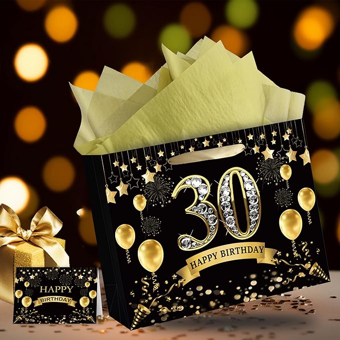 OIIVPOK 30th Birthday Gift Bag, Happy Birthday Bag with Tissue Paper and Greeting Card for Party, Happy 30th Bithday Bags for Women Men, 12.6" Medium Gift Bags (30th)