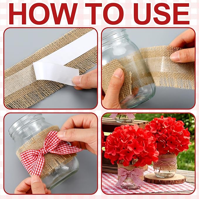 Daifunli 6 Set Picnic Party Centerpieces for Table Mason Jar Table Decor with Artificial Flowers Red Gingham Ribbon for Picnic Birthday Party BBQ Baby Shower Wedding(6,Hydrangea)