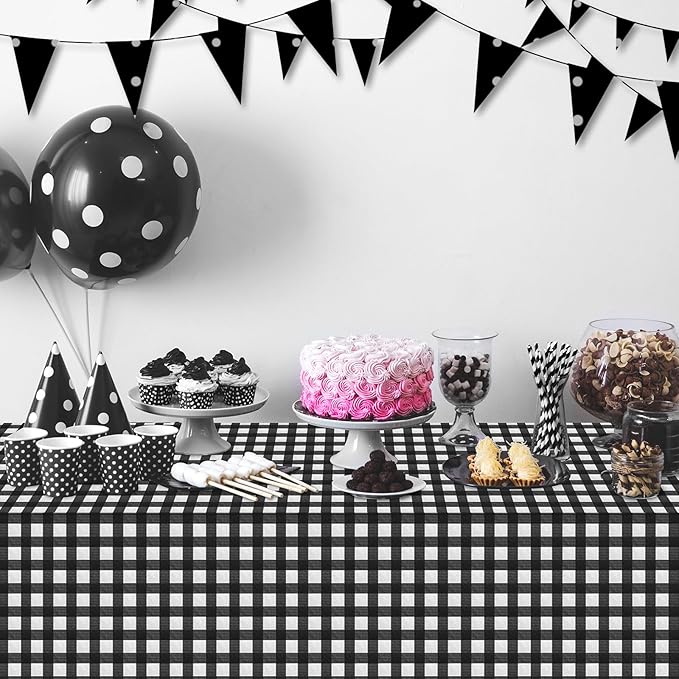 12Pack Black and White Plastic Checkered Tablecloth, Premium Decorative Disposable Black Gingham Plaid Tablecloths for Parties, Rectangle Party Table Cover for Picnic Farm Birthday Wedding, 54x108Inch