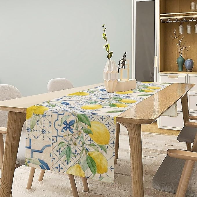 Vintage Lemon Table Runner, Watercolor Yellow Lemons Blue Tiles Spring Summer Seasonal Kitchen Dining Table Decoration for Indoor Outdoor Party, 13x90inch