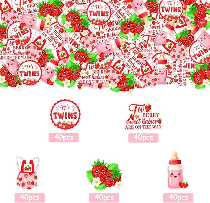 200 Pcs Twins Strawberry Theme Confetti, Two Berry Sweet Babies Are on the Way Table Scatter Confetti Decorations, Berry Fruit Table Paper Decor for Baby Shower DIY Crafting Supplies