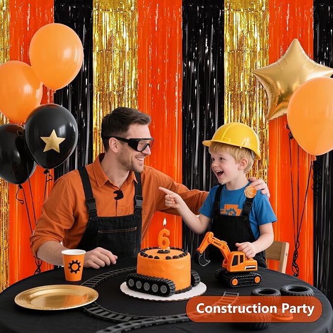 BEISHIDA 3Pcs Gold Orange Black Door Streamer Backdrop Foil Fringe Tinsel Curtains Backdrops for Construction Party Decorations Halloween Party Supplies(3.28 ft x 6.56 ft)