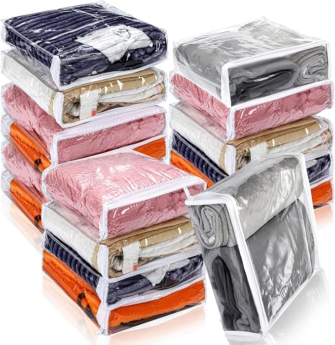 Kingdder 16 Pcs Clear Zippered Storage Bags Plastic Sweater Bags with Zipper 12 x 12 x 4 Inch Vinyl Sheet Organizer and Storage for Clothing Blankets Sheet Linen Bed Pillow Cube Organizer