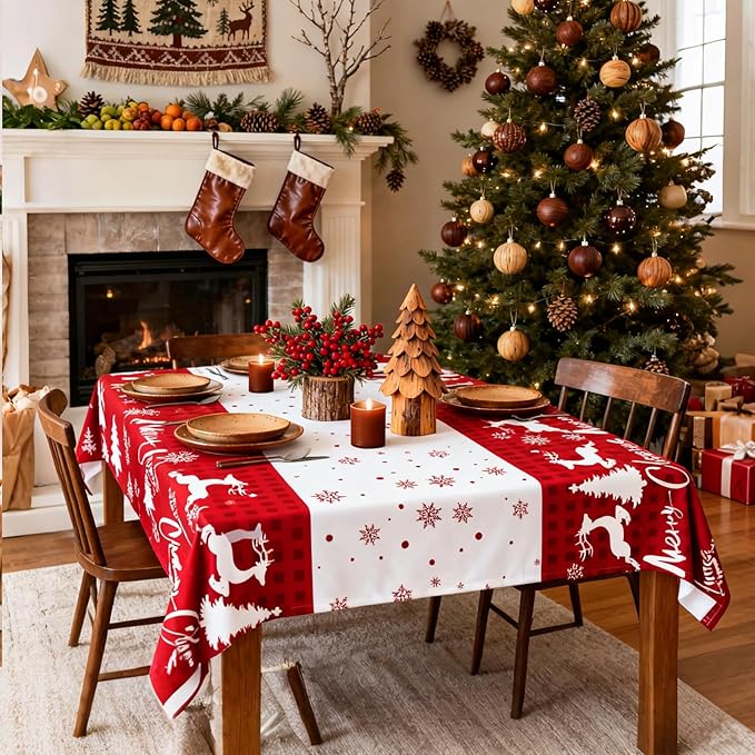 Winter Christmas Tablecloths - 2-Pack, Winter Themed with Reindeer and Snowflakes, Disposable Plastic Tablecloths 54" x 108", Ideal for Indoor and Outdoor Christmas Party Decorations