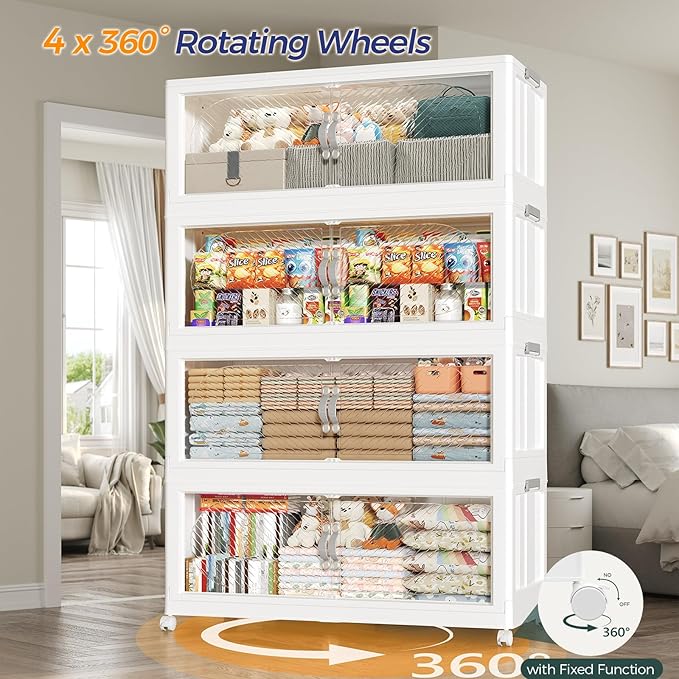 150Gal/600QT 5-Tiers Extra Large Stackable Storage Bins with Lid, Collapsible Cabinet Closet Organizer Plastic Container Box with Wheels Doors Drawers for Living Room Kitchen Office, White