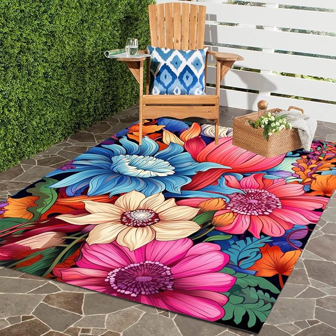 Floral Outdoor Rug Vibrant Waterproof Non Slip Patio Rugs for Balcony Garden Camping Poolside 4x6 Machine Washable Porch Deck Flower Print Outside Carpet Vintage Bathmat Blue Pink
