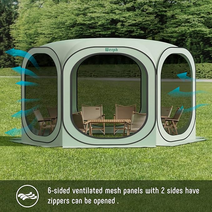 Werph 12x12 Pop Up Screen Tent, Mosquito Net Gazebo, UV Resistant Roof Waterproof Screen Canopy, Quick Setup Outdoor Shelter for Backyard, Patio, Garden, Picnic, Camping and Events, Green