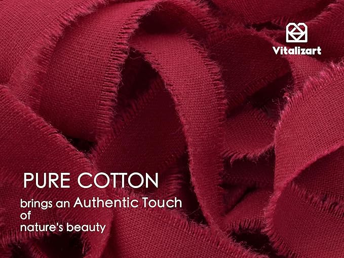 Vitalizart Burgundy Cotton Ribbon Handmade Fringe 5/8" x 21 Yd Red Pure Natural Cotton Ribbons for Gift Wrapping Wedding Invites Bridal Shower Bouquets Holiday Decor