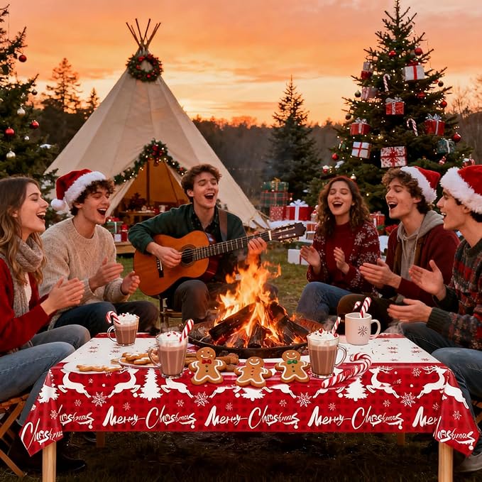 Winter Christmas Tablecloths - 2-Pack, Winter Themed with Reindeer and Snowflakes, Disposable Plastic Tablecloths 54" x 108", Ideal for Indoor and Outdoor Christmas Party Decorations