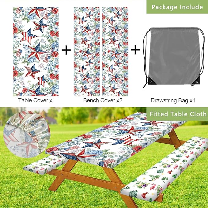 JAWO Patriotic Picnic Table Cover - 4th of July Fitted Tablecloth with Elastic Edge,Red White Blue Star Floral Design for Outdoor Camping, BBQ, Independence Day Party Decor, 60x30 Inch