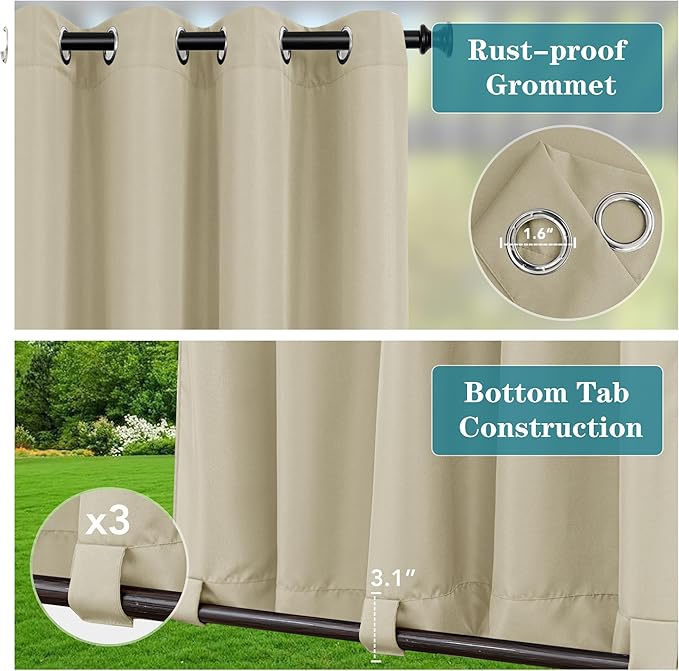 HolidayIdeas 6 Panels Outdoor Curtains for Patio Waterproof-Windproof Weatherproof Privacy Curtains-Grommet Top and Tab Bottom Drape for Gazebo, Porch, Pergola, Cabana, Backyard 54x84 Inch Cream