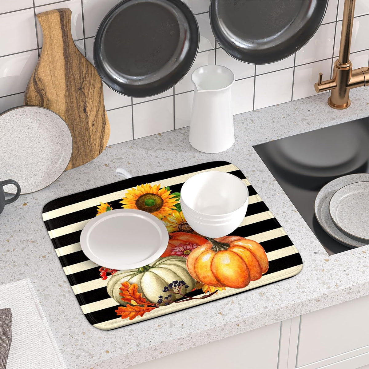Sunflower Pumpkin Dish Drying Mat for Kitchen Counter,Black and White Stripe Drying Mat 16 x 18 Inch with Absorbent Reversible Microfiber Dish Drying