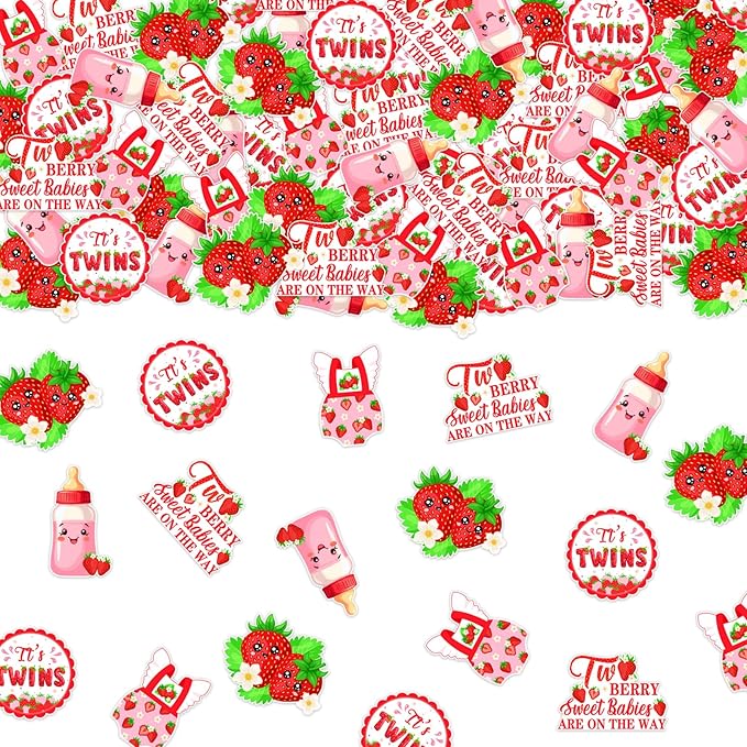 200 Pcs Twins Strawberry Theme Confetti, Two Berry Sweet Babies Are on the Way Table Scatter Confetti Decorations, Berry Fruit Table Paper Decor for Baby Shower DIY Crafting Supplies